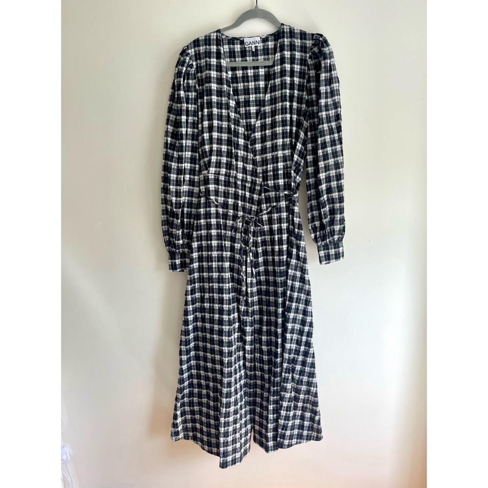 Ganni Plaid Wrap Midi Dress, Black, Size 40